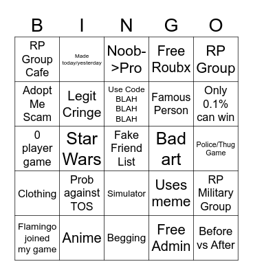 Devoun Roblox Ad Bingo Card