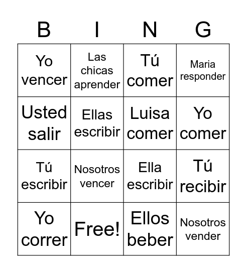 Regular Preterite of -er and -ir verbs Bingo Card