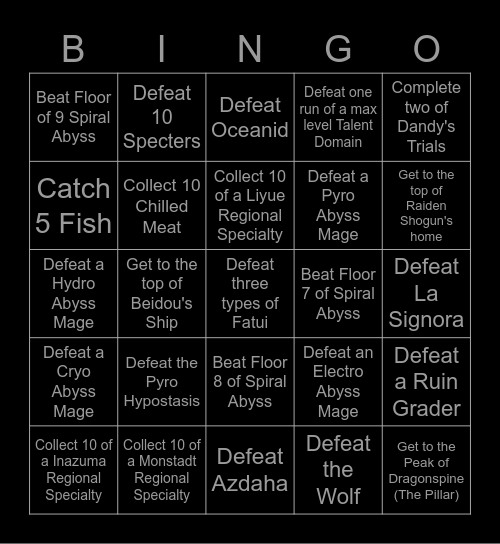 Genshin Lockout Bingo Card