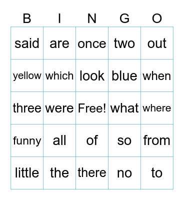 Tricky words Bingo Card