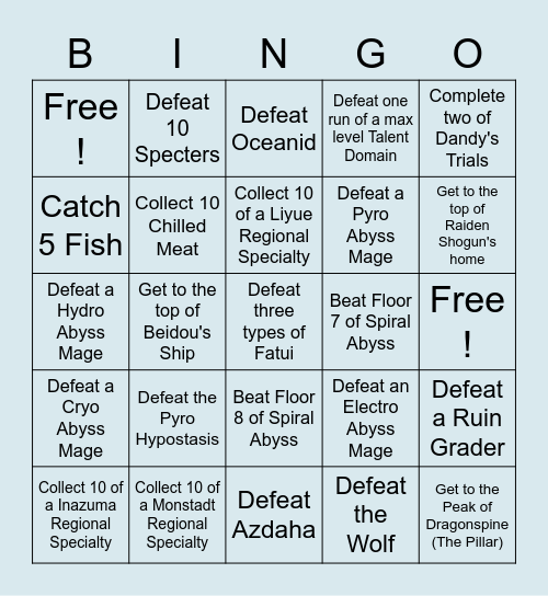 Genshin Lockout Bingo Card