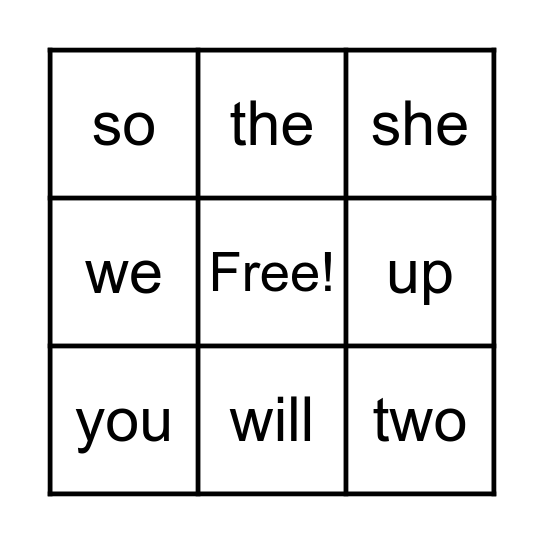 Sight Word Bingo Card