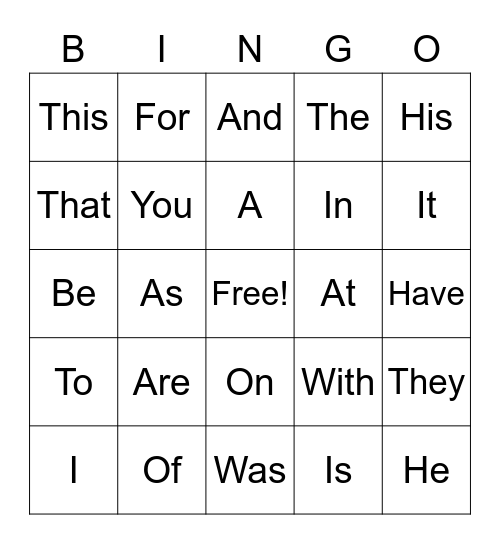 FRY WORD LIST BINGO Card