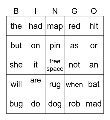 Fry List Bingo Card