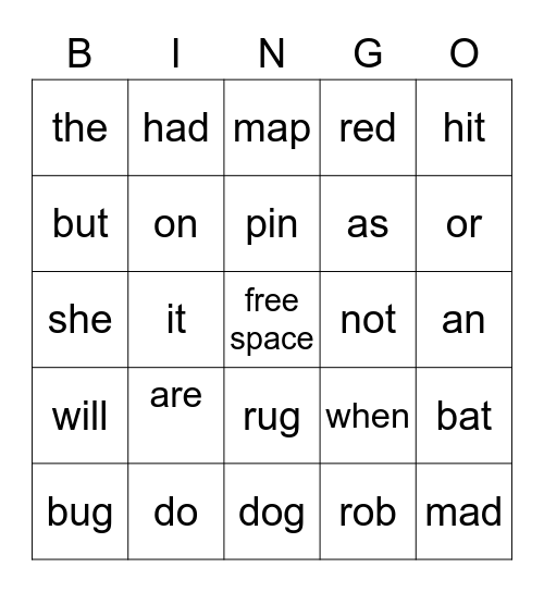 Fry List Bingo Card