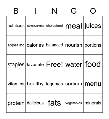 Nutrition Bingo Card