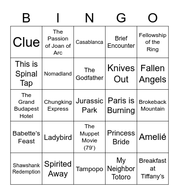Elijah’s Favorite movies bingo Card