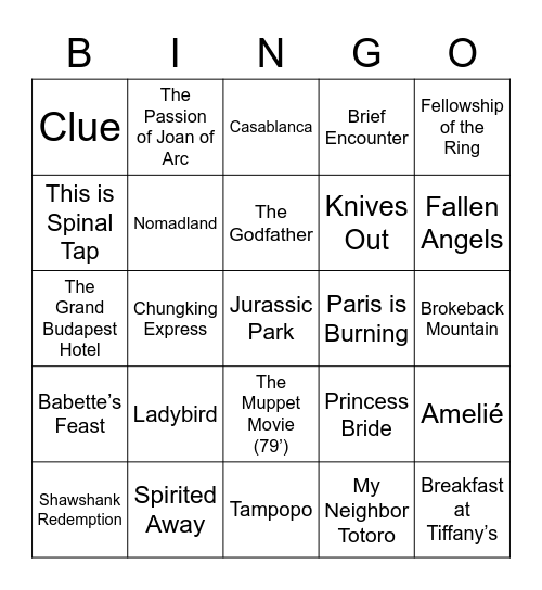 Elijah’s Favorite movies bingo Card