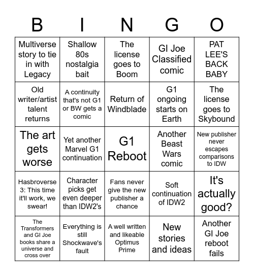 Post-IDW Transformers/GI Joe Comics Bingo Card
