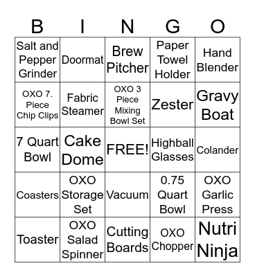 Bridal Gift Bingo Card
