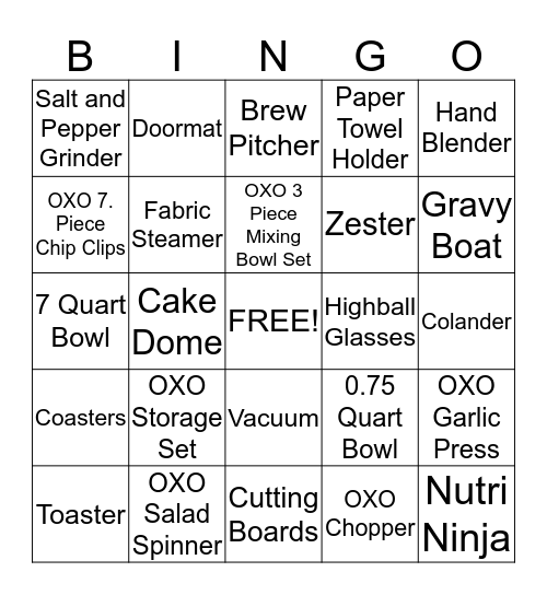 Bridal Gift Bingo Card