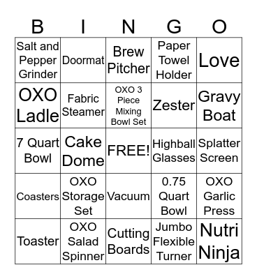 Bridal Gift Bingo Card