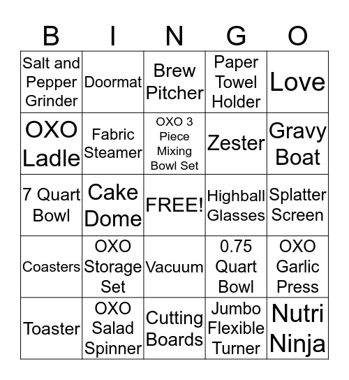 Bridal Gift Bingo Card