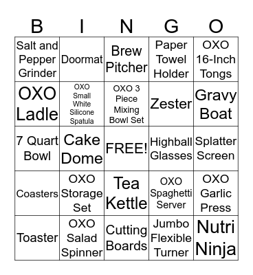 Bridal Gift Bingo Card