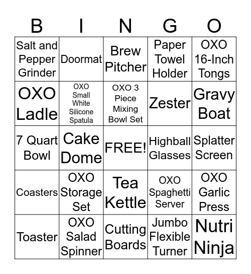 Bridal Gift Bingo Card