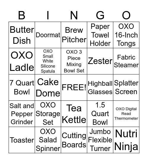 Bridal Gift Bingo Card