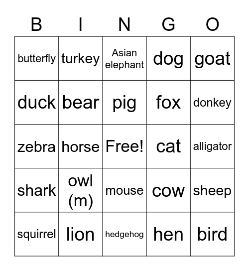 Animals Bingo Card