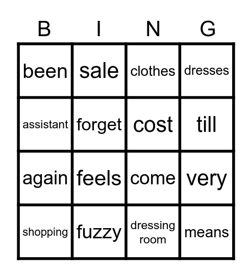 shopping Bingo Card