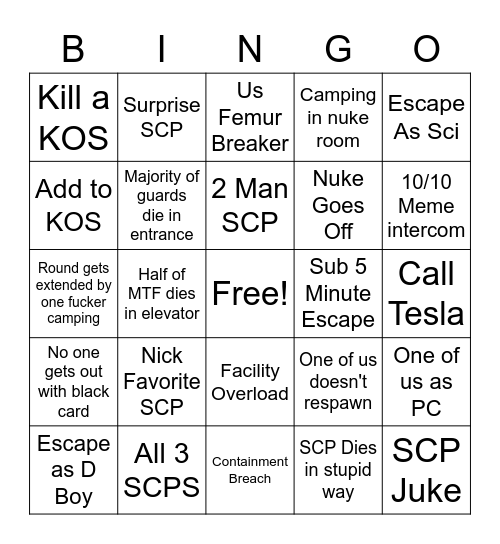 SCP Bingo Card