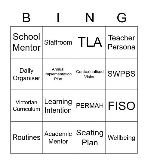 School Preparedness Bingo Card