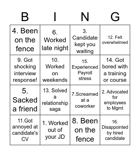 HR Realities Bingo Card