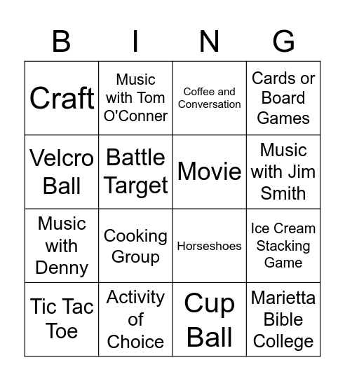 Activity Participation Bingo Card