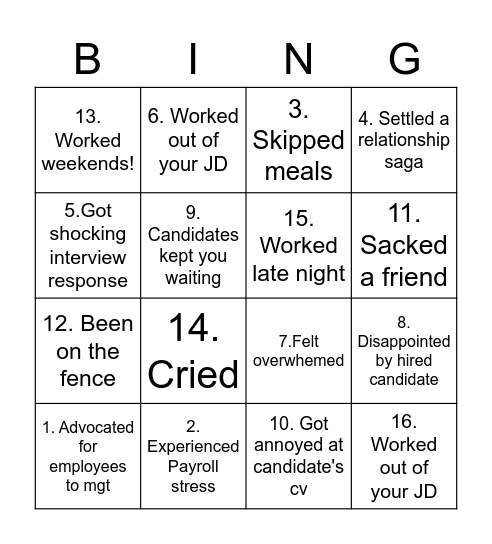 HR Realities Bingo Card