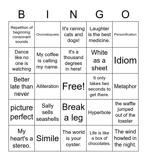Figurative Language Bingo Card