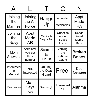 Phone Call Bingo Card