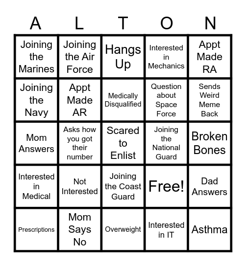 Phone Call Bingo Card