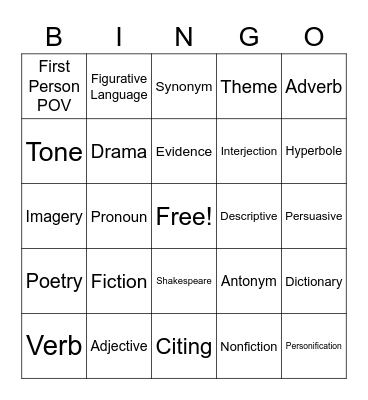 English Bingo Card