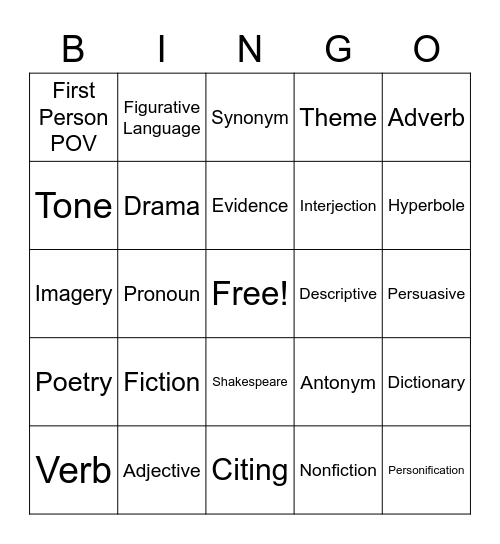 English Bingo Card