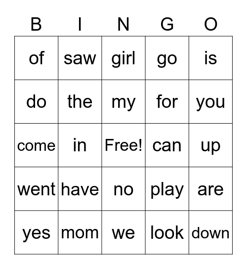 Sight Word #1-4 Bingo Card