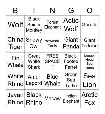 Endangered Animals Bingo Card
