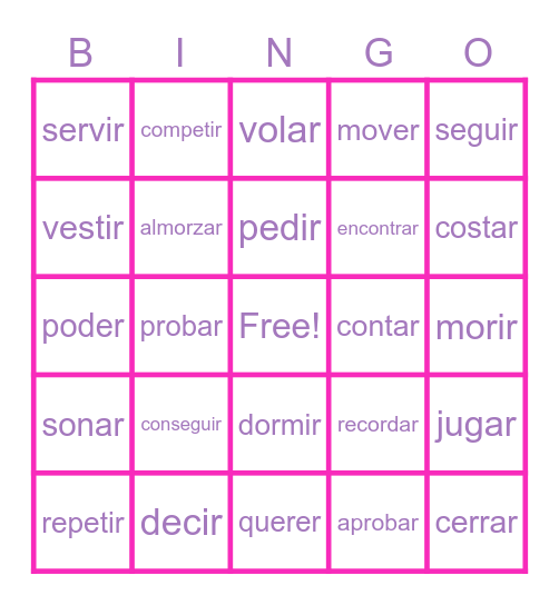 Spanish Words Bingo Card