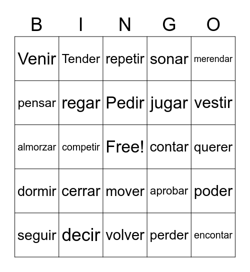 Spanish Verbs Bingo Card