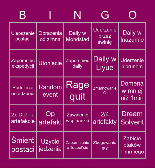 Genshin Impact Bingo Card