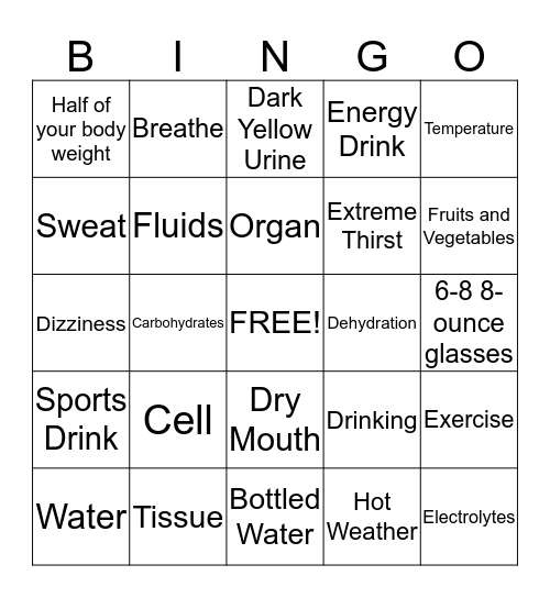 DRINK PLENTY OF WATER Bingo Card