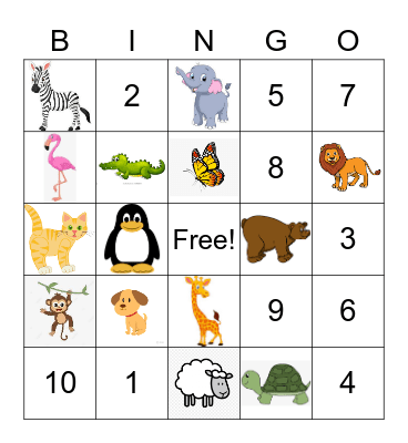 Animals and Numbers Bingo Card