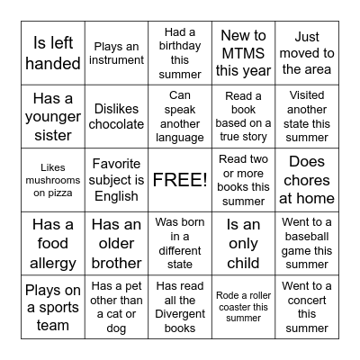 Getting to Know You Bingo Card