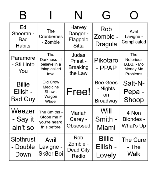 DISH Music Video Round 1 Bingo Card