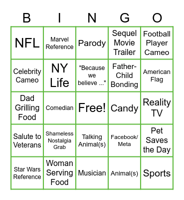 Super Bowl Commercial Bingo Card