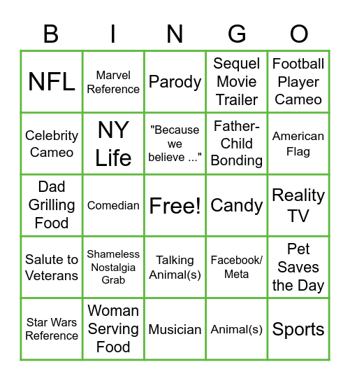 Super Bowl Commercial Bingo Card