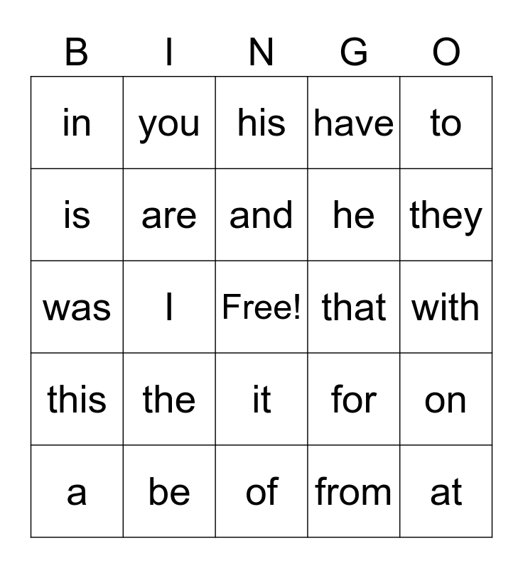 1 Sight Word Bingo Card