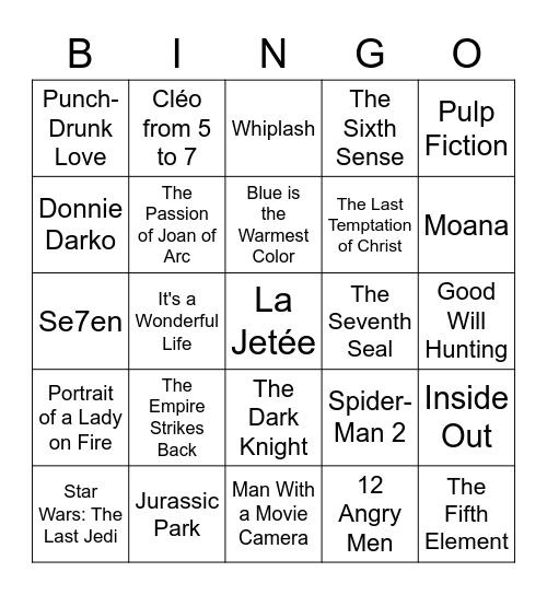 Favorite Films Bingo Card