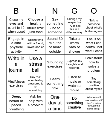 STRESS MANAGEMENT COPING SKILLS Bingo Card