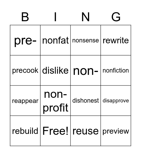 Prefix: Set #1 Bingo Card