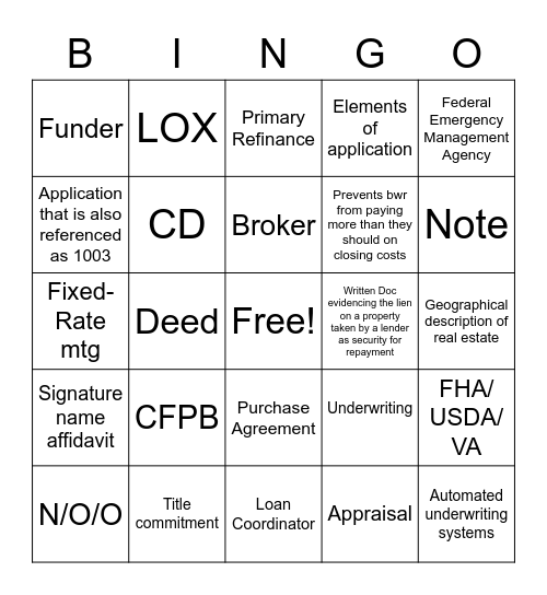 Funding Bingo Card