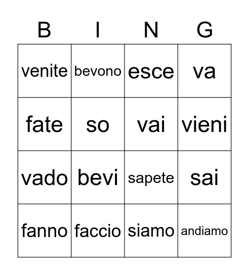 Verbi irregolari Bingo Card