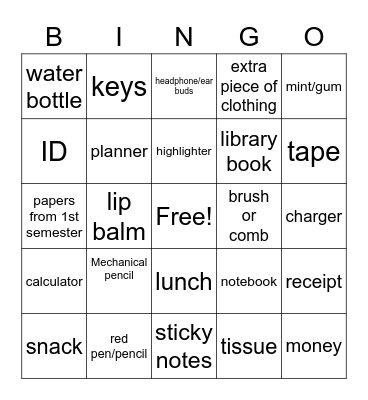 Backpack Bingo Card